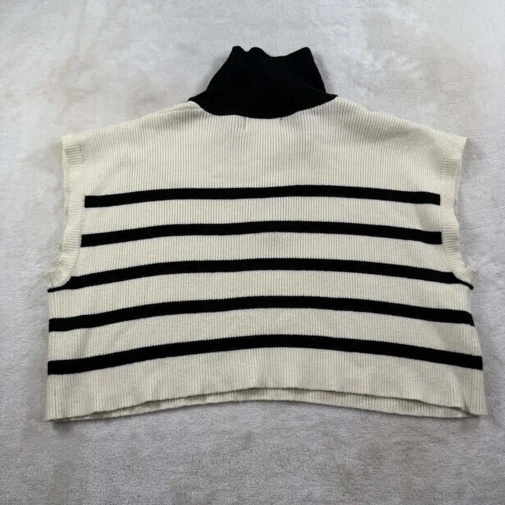 Cider Womens Striped Cropped Sweater Vest Black Cream Ribbed Polo Collar Large